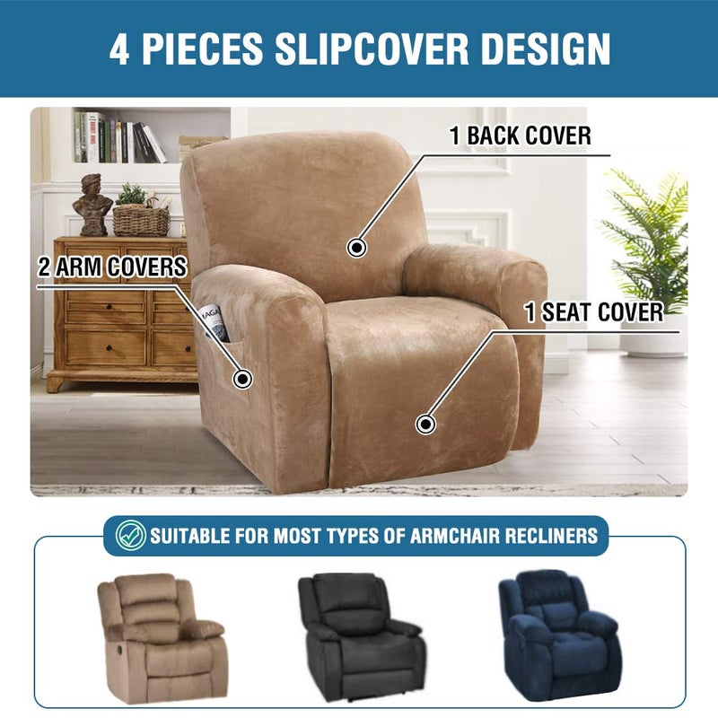 H.VERSAILTEX Velvet Stretch Recliner Couch Covers 4-Pieces Style Recliner Chair Covers Recliner Cover for Reclining Chair Slipcovers Feature Non Slip Form Fitted Thick Soft Washable, Camel - Image 2